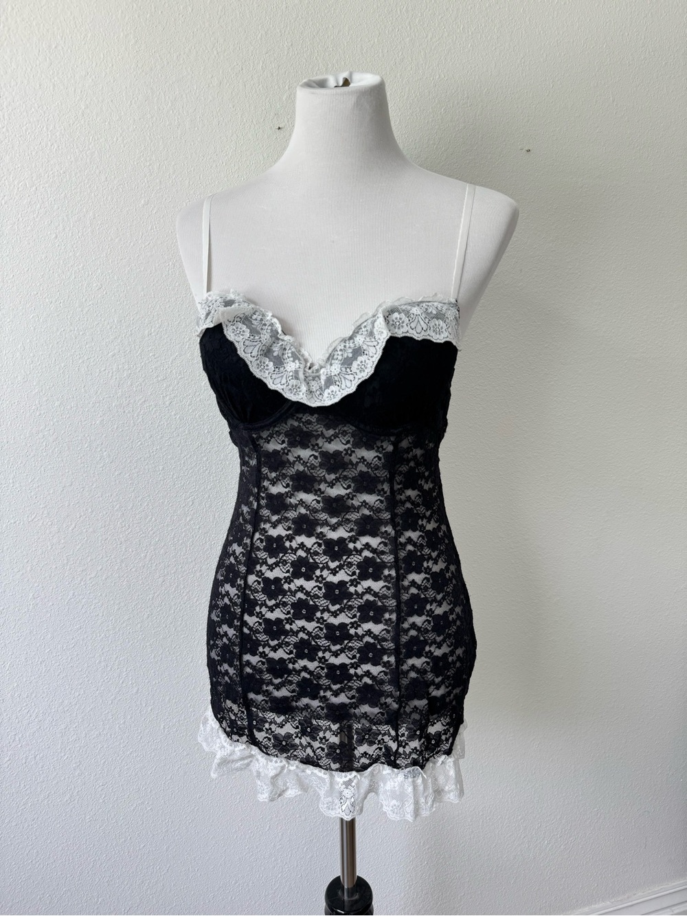 Linea Donatella Black Lace Slip Dress with White Lace Trim